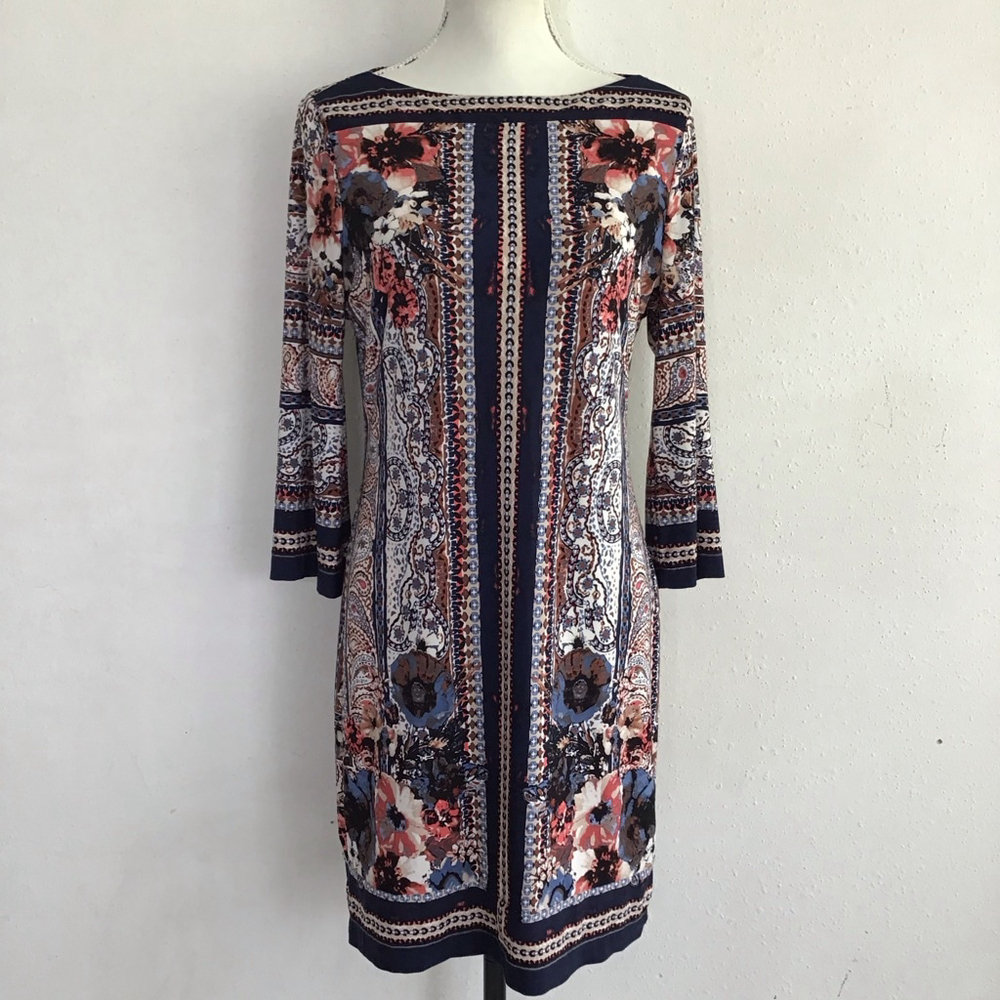 Beige by eci Women Elegant Blue Red Floral Long Sleeve Dress Size 8